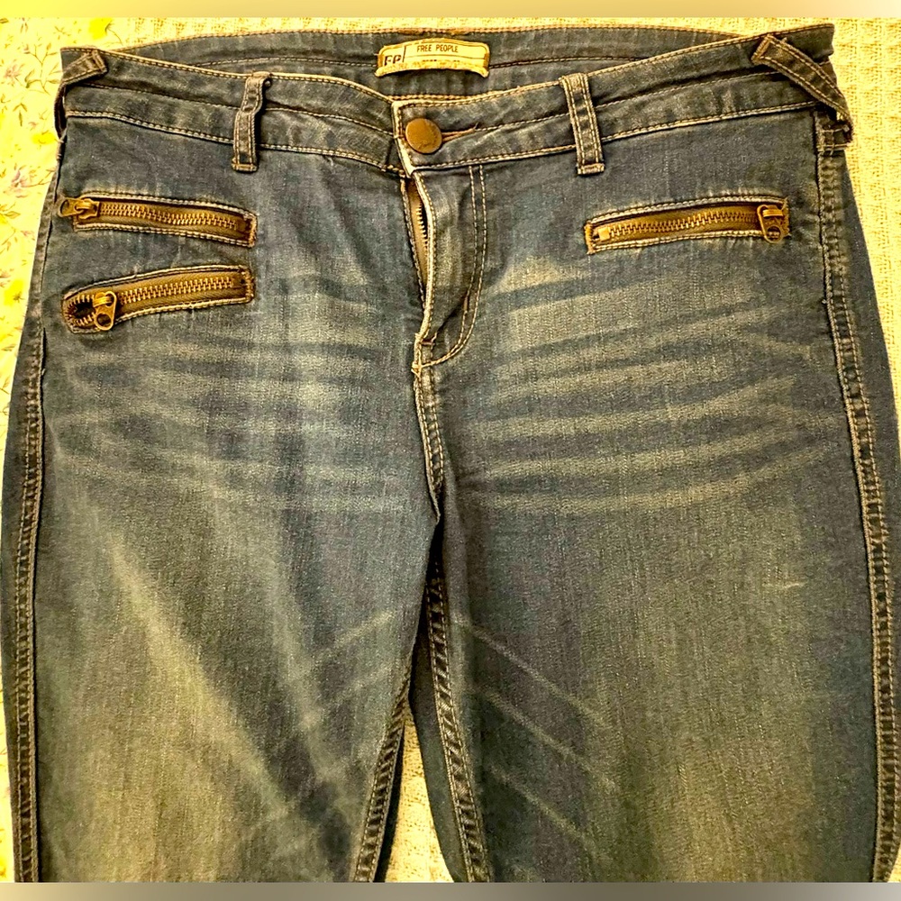 Free People Double Zip Design Blue Jeans, Straight Leg Mid-Rise, Size 29